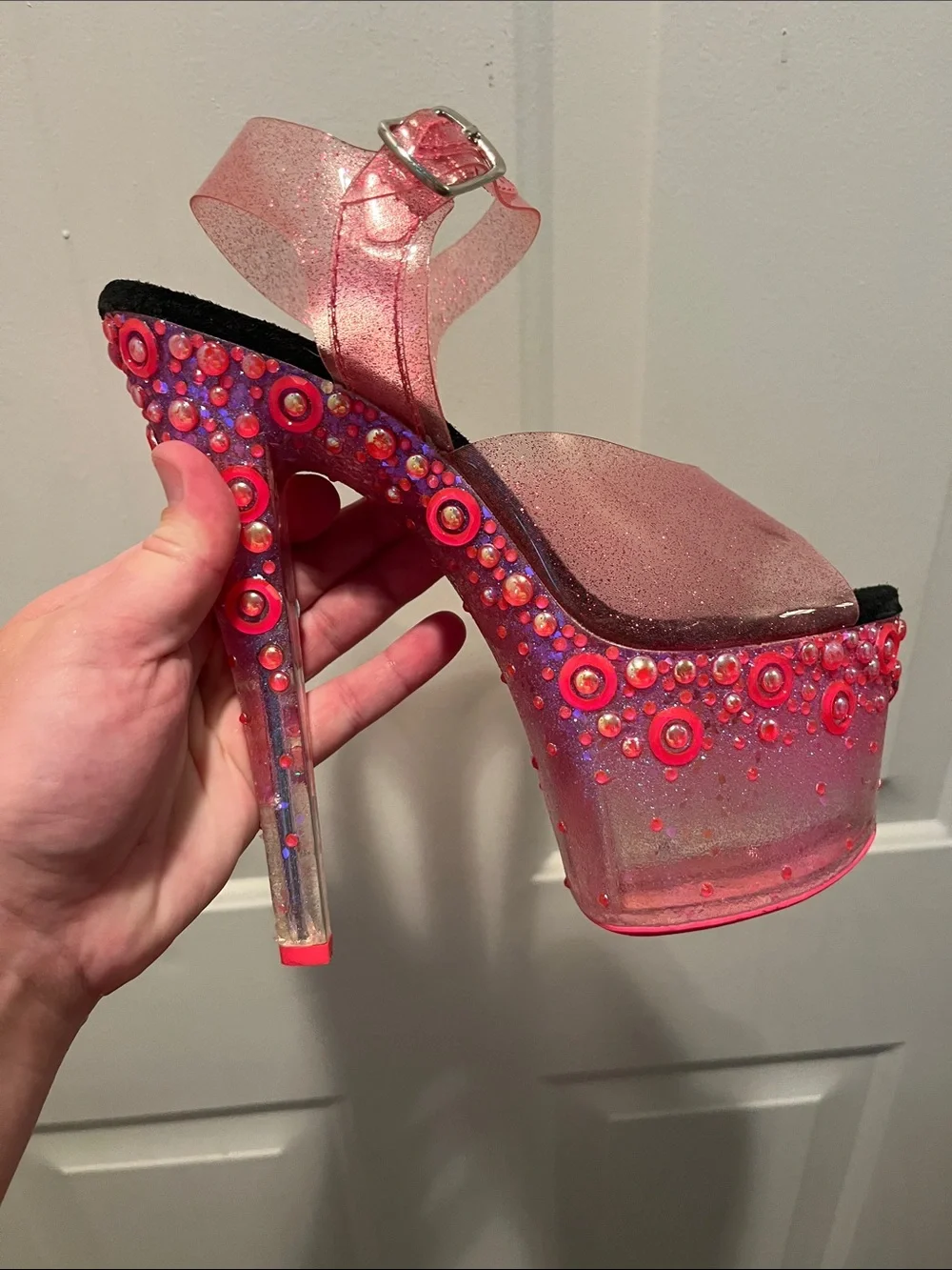 Sexy Pleaser Pink Glitter Platform Heels with Ankle Strap👠👠
